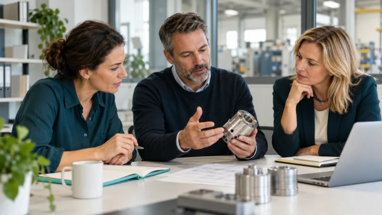 Tres profesionales comparando una pieza industrial y organizando el trabajo comercial