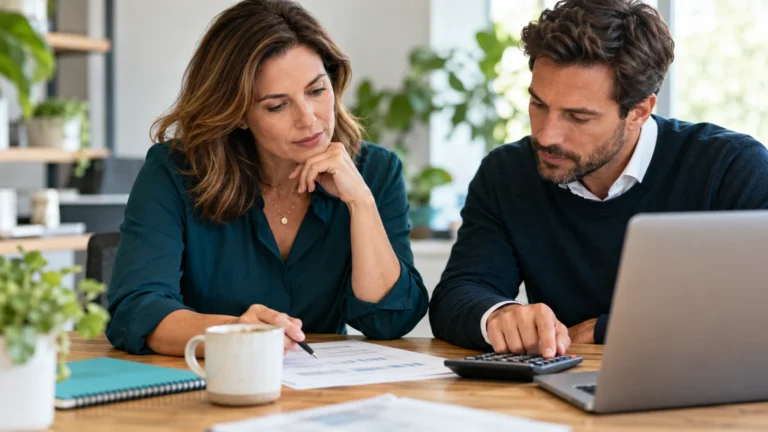 Dos profesionales revisando un presupuesto comercial con una calculadora y un cuaderno