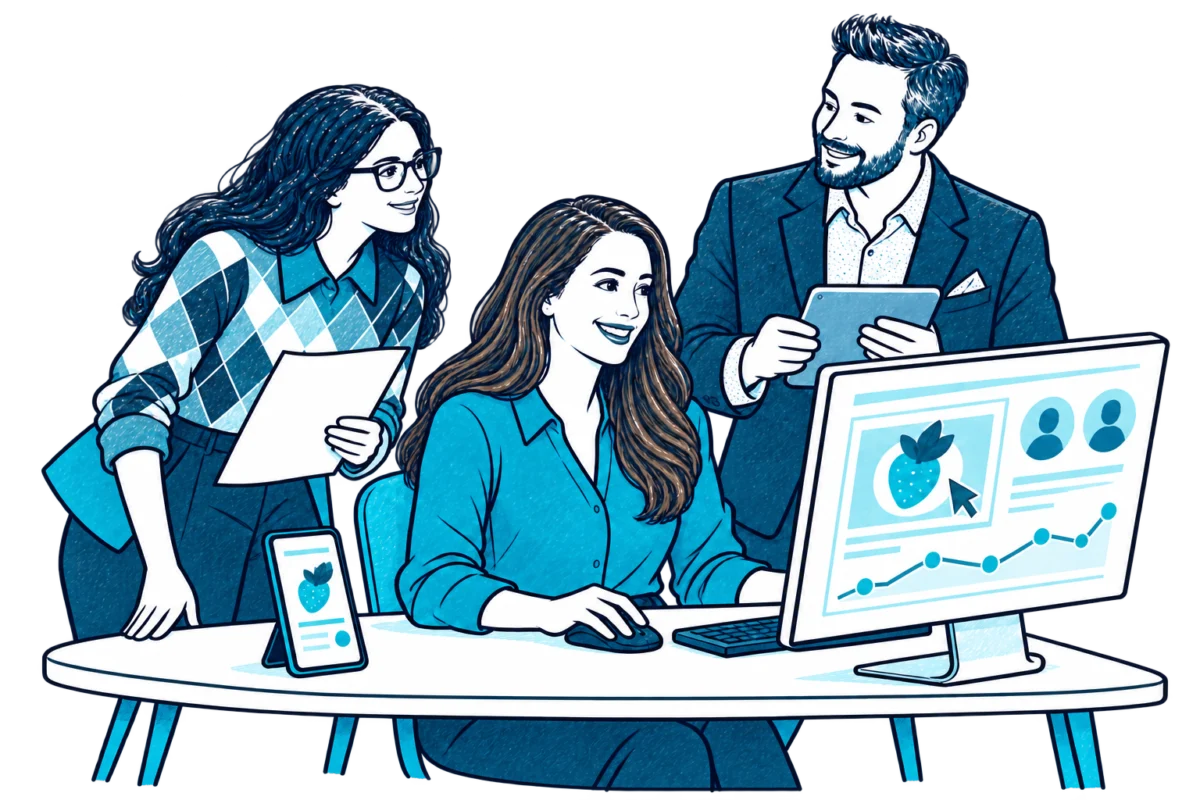 Ilustración: un director de marketing revisa con su equipo los resultados de una campaña en pantalla