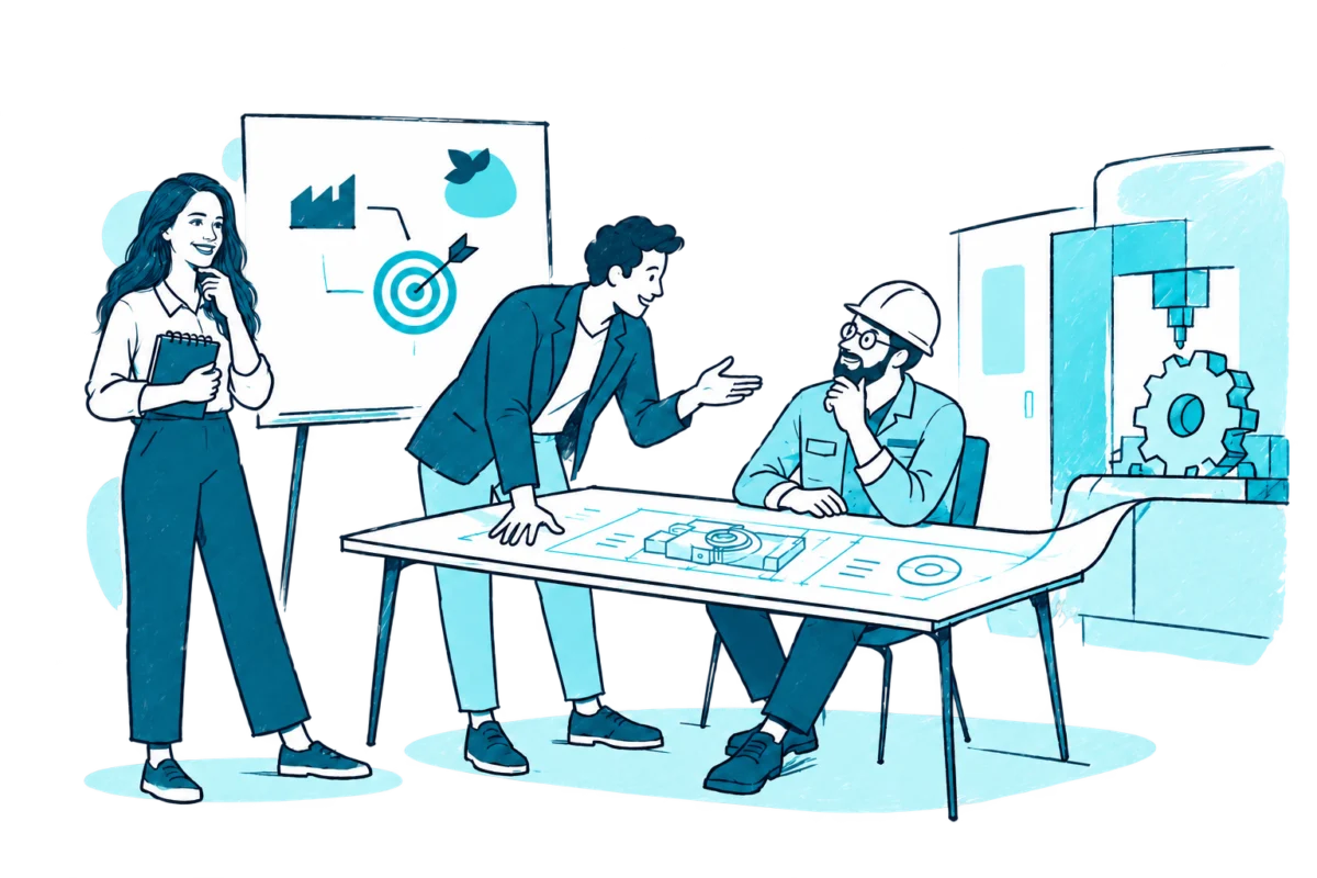 Ilustración: consultores de Stratberry y un responsable de planta revisan objetivos junto a una máquina industrial
