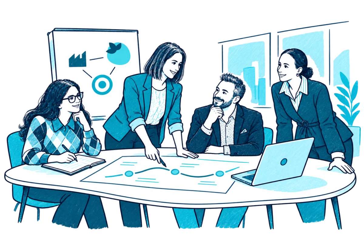 Ilustración: un equipo de Stratberry traza un plan comercial alrededor de una mesa